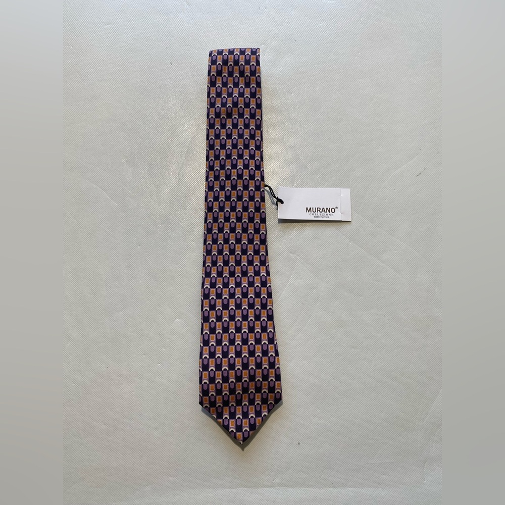 NEW- Mens Murano Collezione Neck Tie Silk  Squares Purple Rust MSRP: $80 - A4